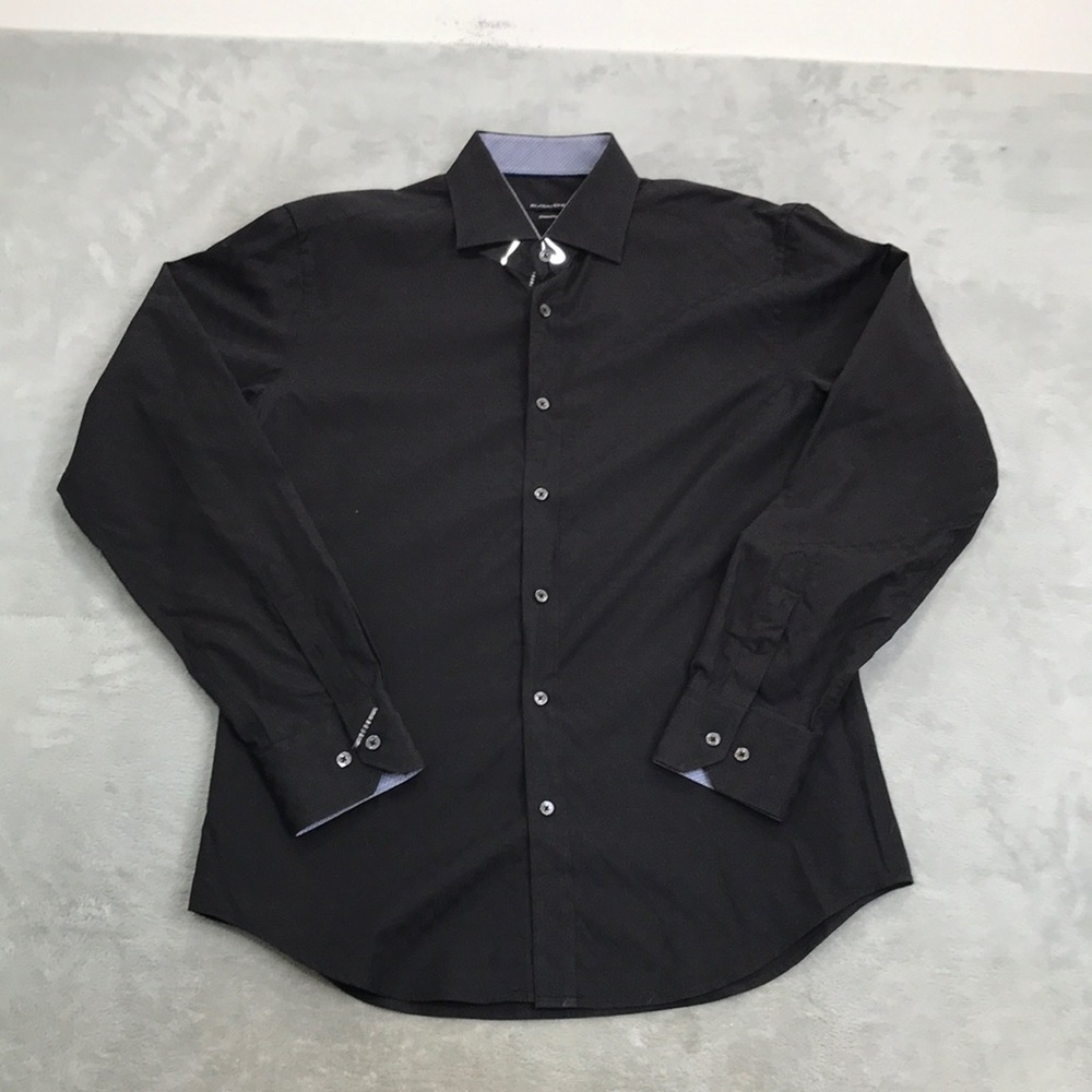 Bugatchi Black Checker Board Print Shaped Fit Dress Shirt M